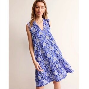 Boden Daisy Jersey Short Tier Dress in Blue & White Ditsy Floral Print, Size 12L
